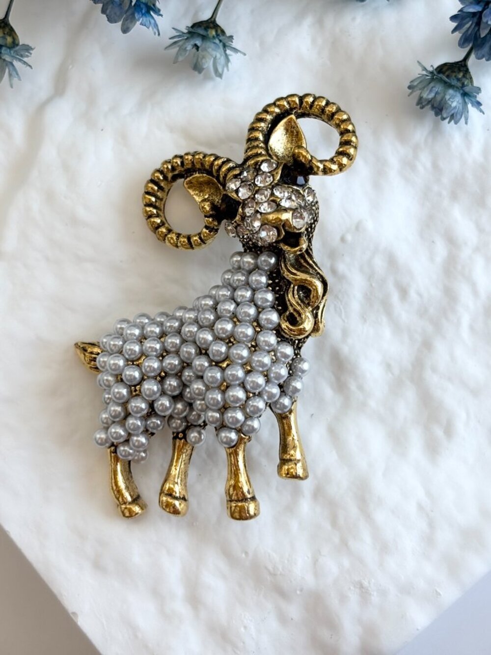 Goat Figural Gold Toned Pearl Accented Vintage Style Textured Brooch Pin - Picture 2 of 15